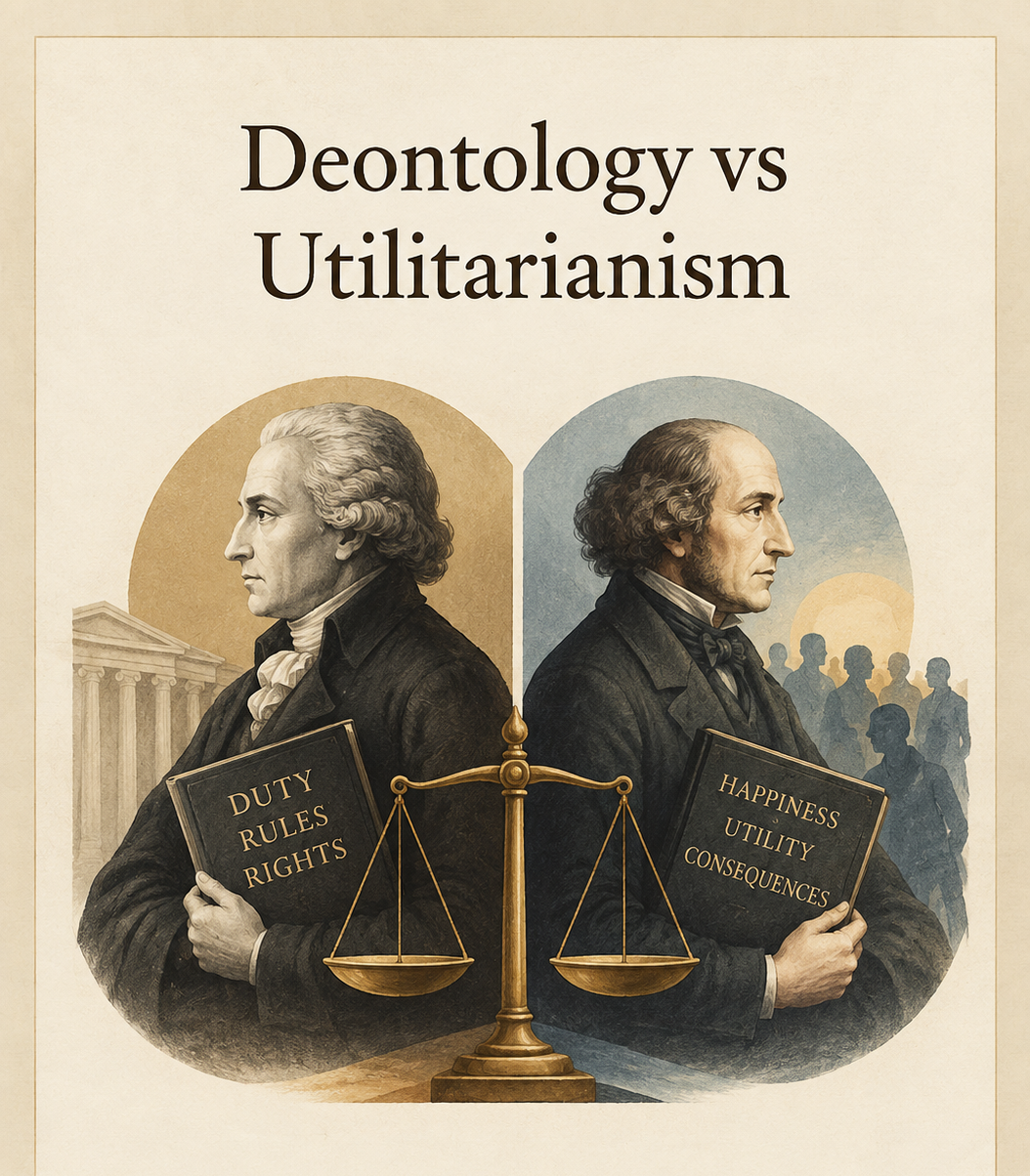 Artistic representation of the philosophical contrast between deontology and utilitarianism