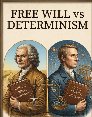 Philosophical reference page comparing free will and determinism, choice, and causation
