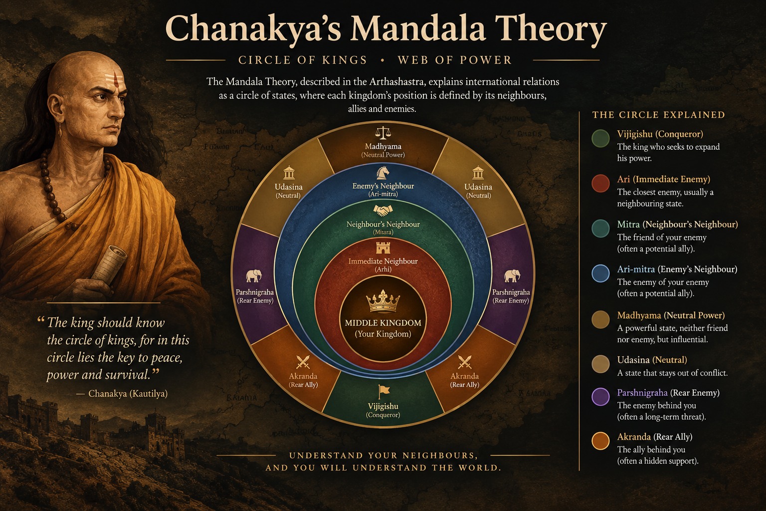 Chanakya's Mandala Theory showing the circle of kings and the relationships between neighbouring kingdoms, enemies, allies, and neutral powers