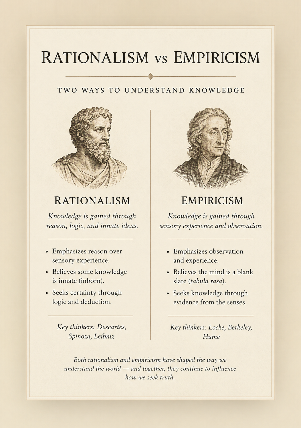Artistic representation of the philosophical contrast between rationalism and empiricism