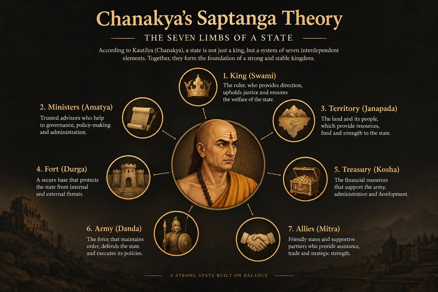 Chanakya's Saptanga Theory showing the seven elements of a state: king, ministers, territory, fort, treasury, army, and allies