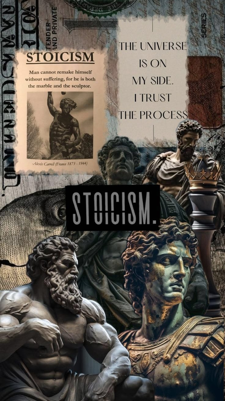 Classical marble bust and columns evoking the Stoa, where Stoic philosophy began
