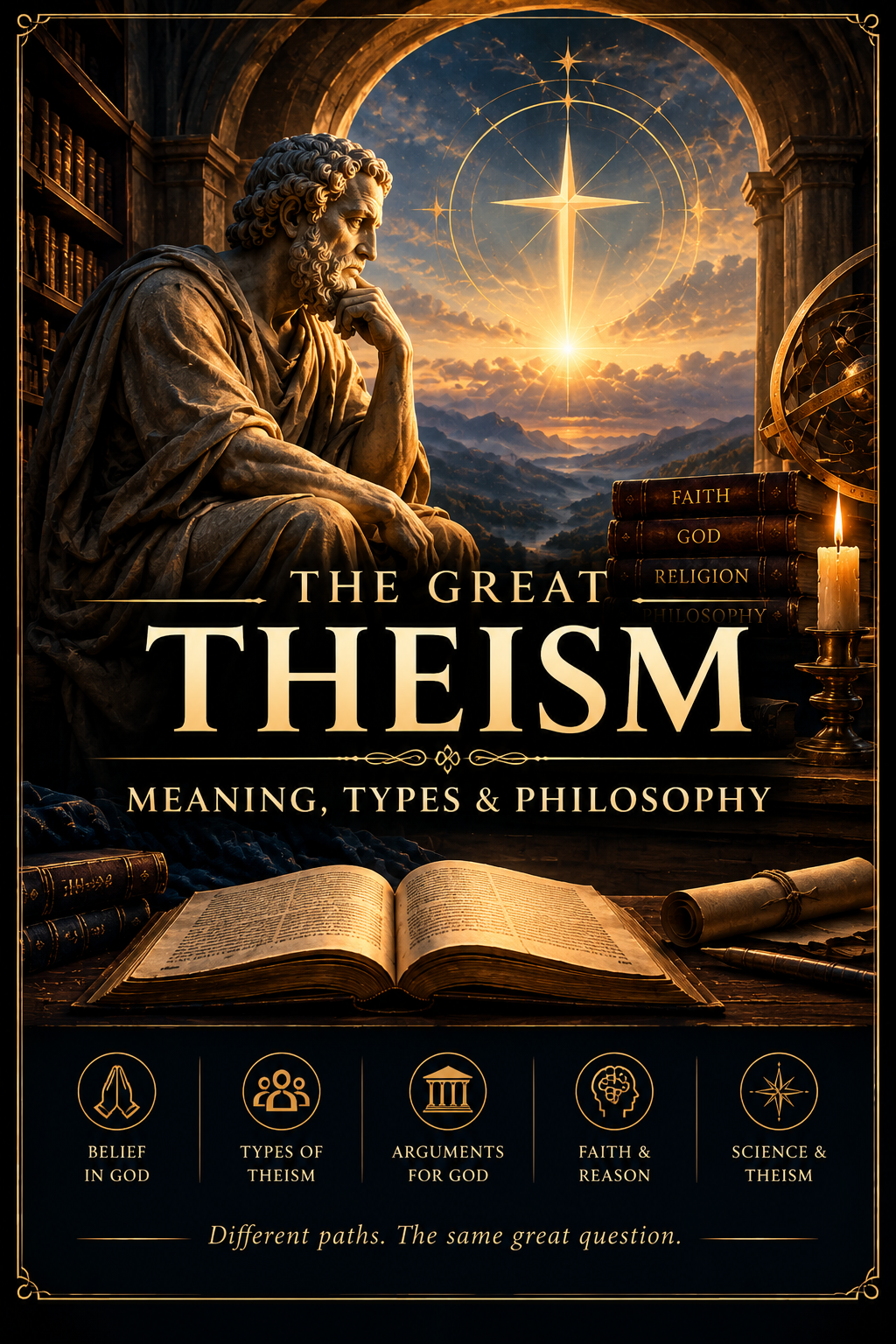 Artistic representation of theism, belief in God, philosophical arguments, faith, and reason